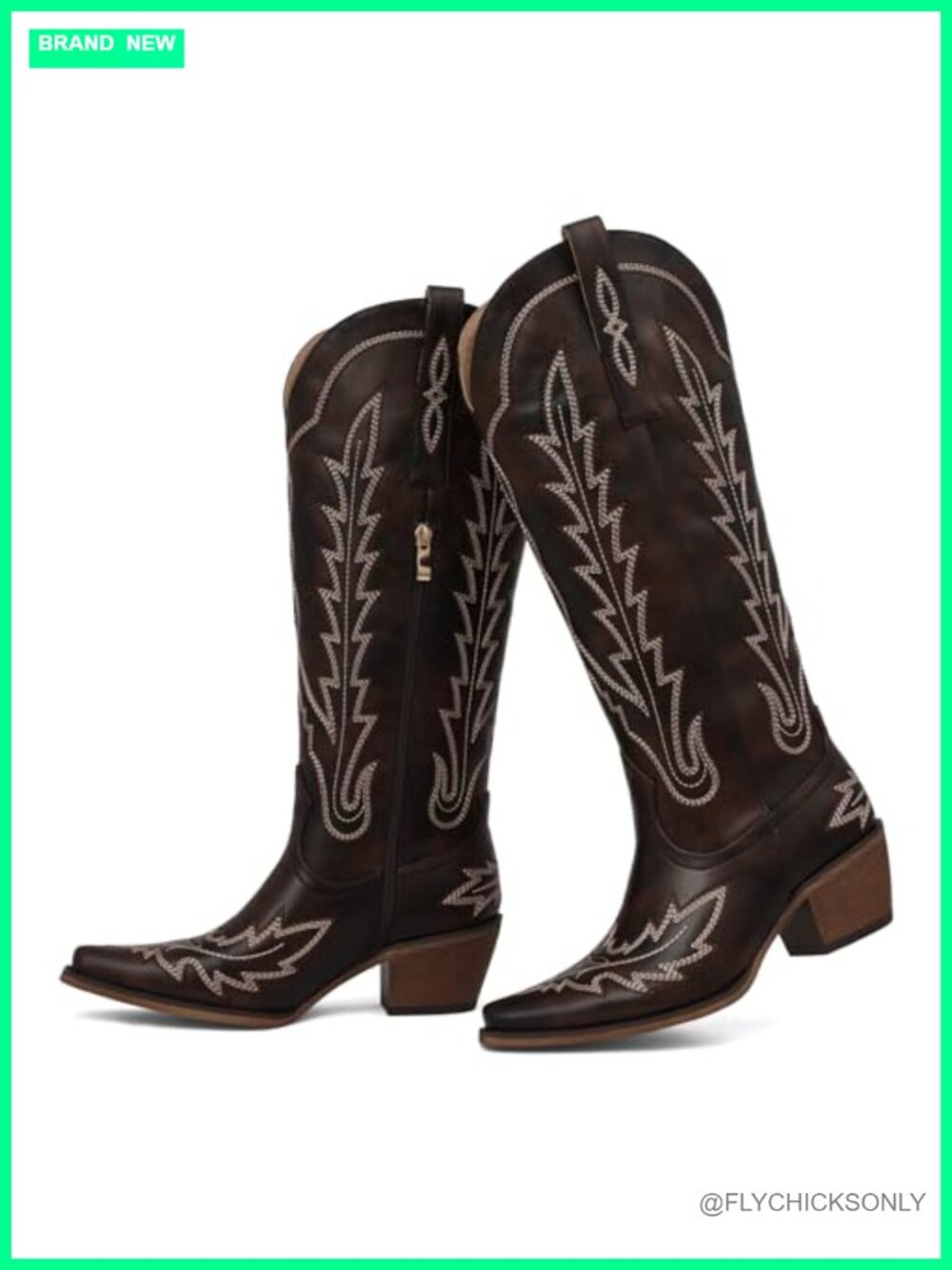 Western Cowboy Boots Women Knee High Pointed Toe Chunky Heel Faux Leather Suede